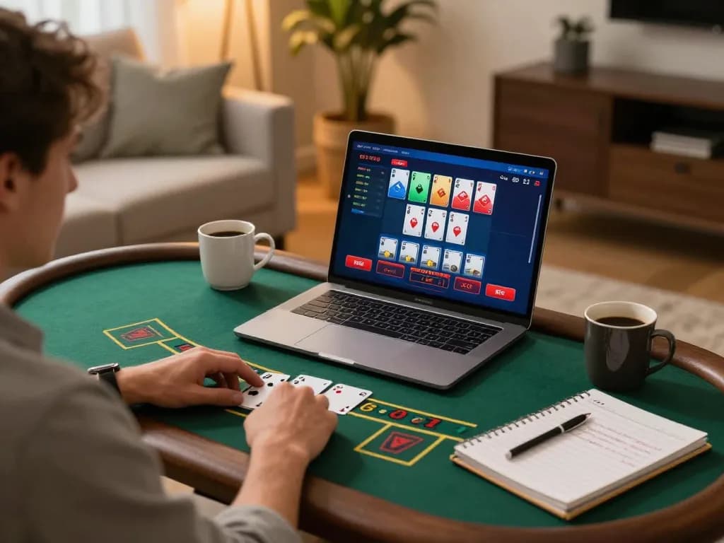 Player engaging in live dealer blackjack gameplay on Fly88 at home, showcasing a modern gaming setup.