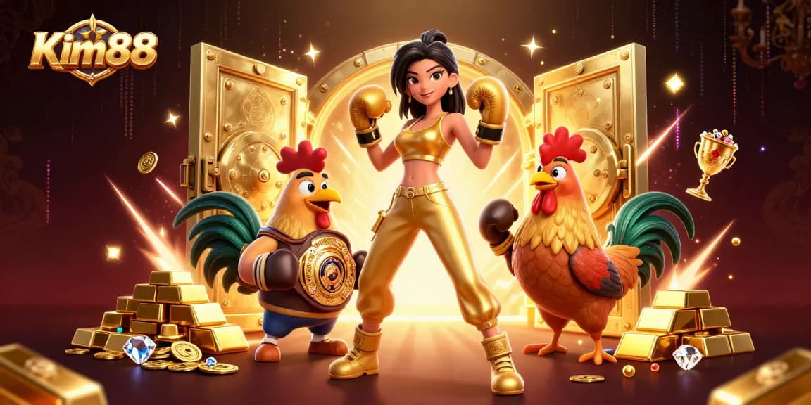 Experience the thrill of Kim88 with a dynamic illustration featuring casino games and excitement.