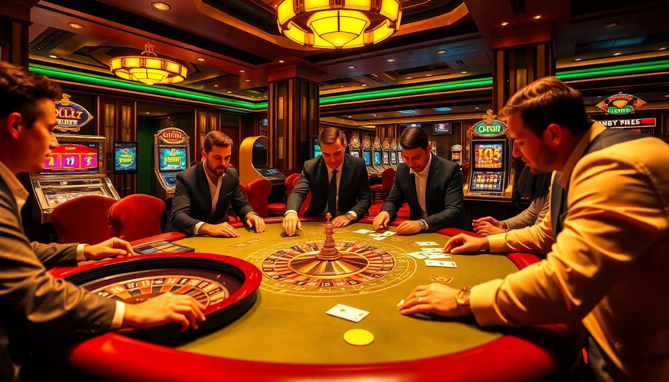 Engaging gamblers at a poker table while experiencing kèo nhà cái hôm nay in a luxurious casino setting.