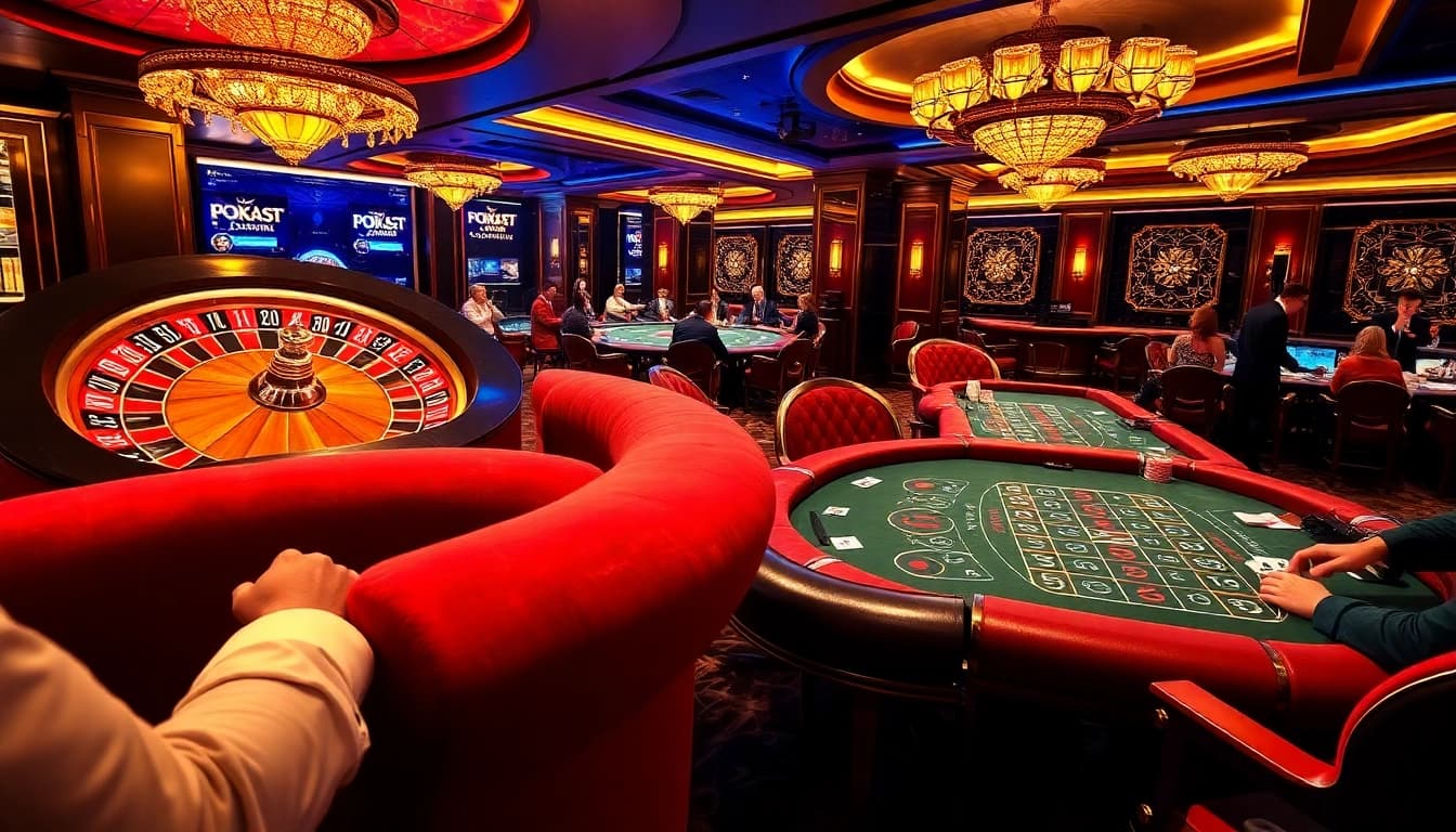 Experience thrilling online gaming at https://ee88a.co.com/ with an exciting casino environment featuring poker tables and roulette wheels.