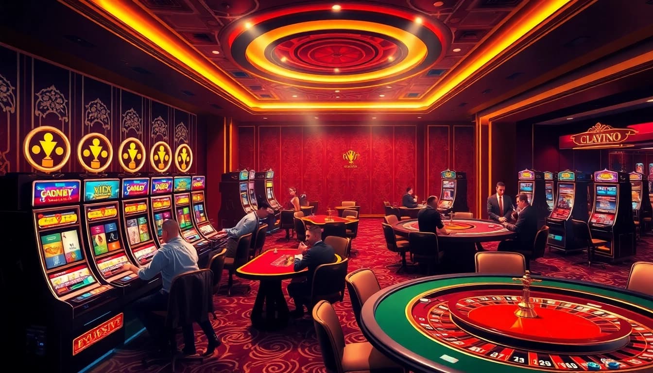 Engaging gamblers at the kp88 vip casino with vibrant slot machines and poker tables.