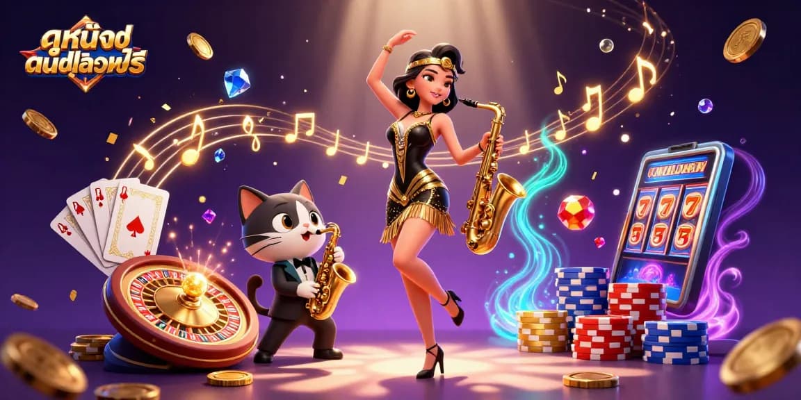 Engaging scene of ดูหนังออนไลน์ฟรี with a dazzling woman and saxophone cat celebrating, featuring joyful casino elements.