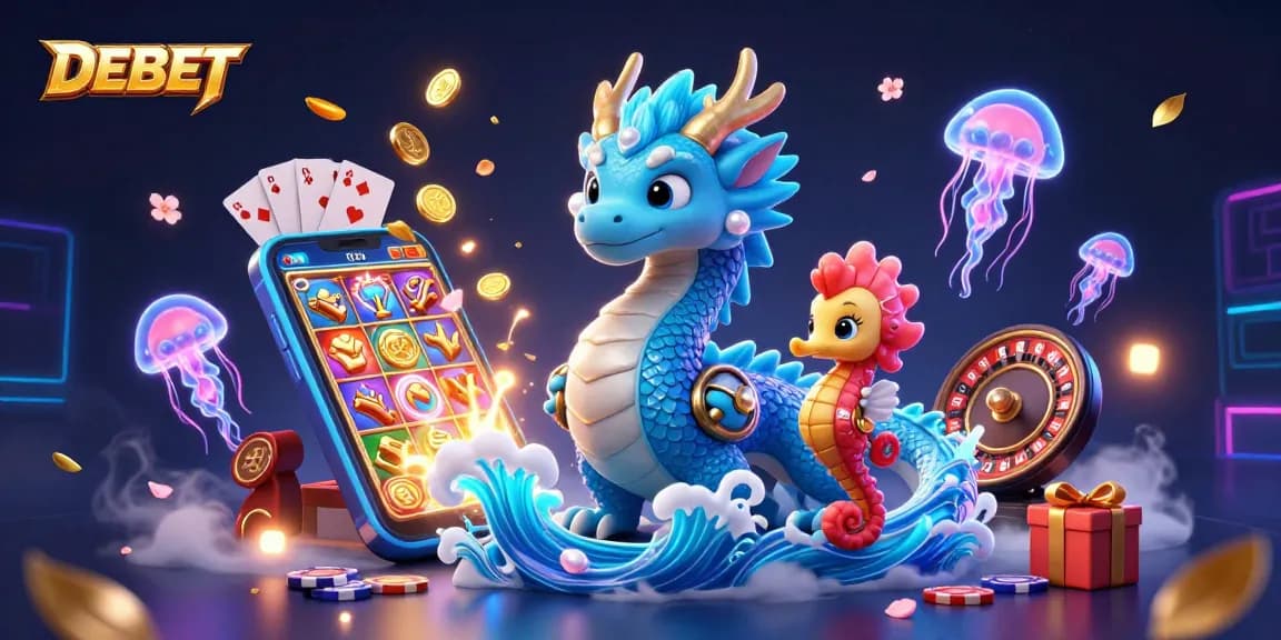 Experience the thrill of DEBET with an azure dragon, seahorse knight, and glowing jellyfish in a vibrant casino scene.