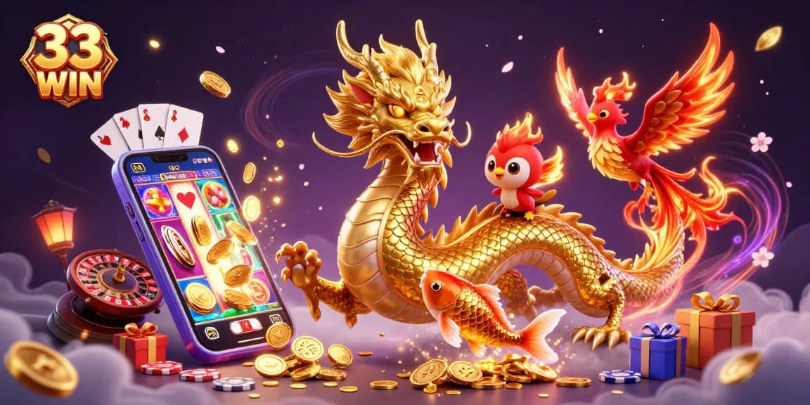 Spin the reels with 33 WIN! A vibrant casino scene featuring a golden dragon and phoenix.