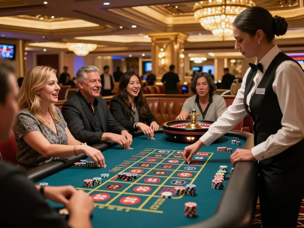 Go8 players celebrating their wins at an exciting roulette table in a luxurious casino setting