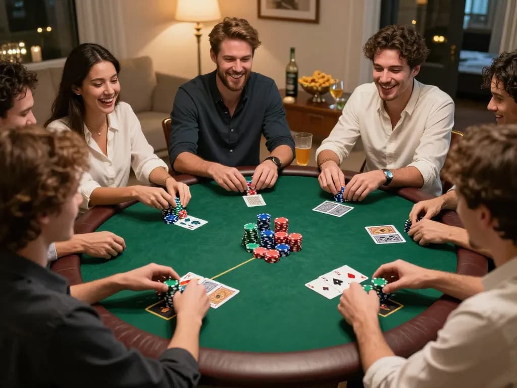 Sao789 poker night with friends at home, colorful chips and cards in play, highlighting social gambling.