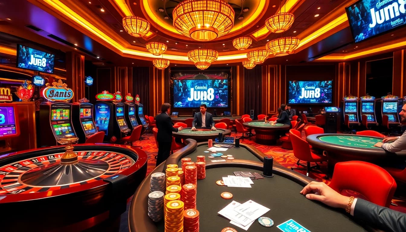 Experience the thrill of Jun 88 with luxurious casino gaming tables and vibrant slot machines.