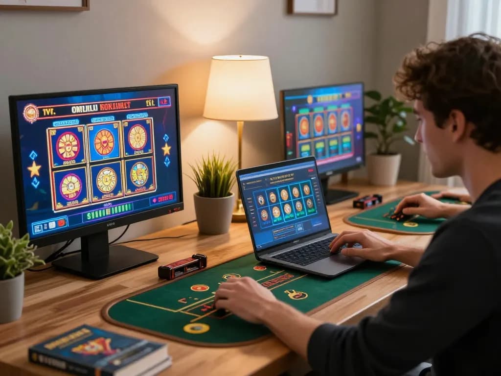 Engaged players enjoying sunwin casino games on their laptops in a cozy setup