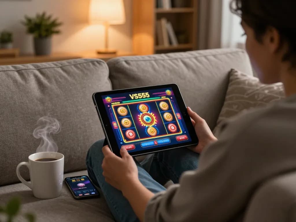 Player enjoying strategic gameplay at VS555 Casino on a tablet in a cozy home environment.