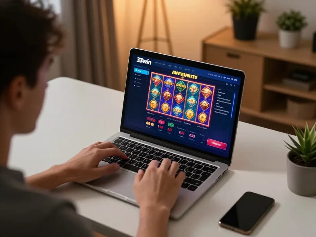 Player engaging in online casino games on 33win platform with vibrant graphics and cozy setup.