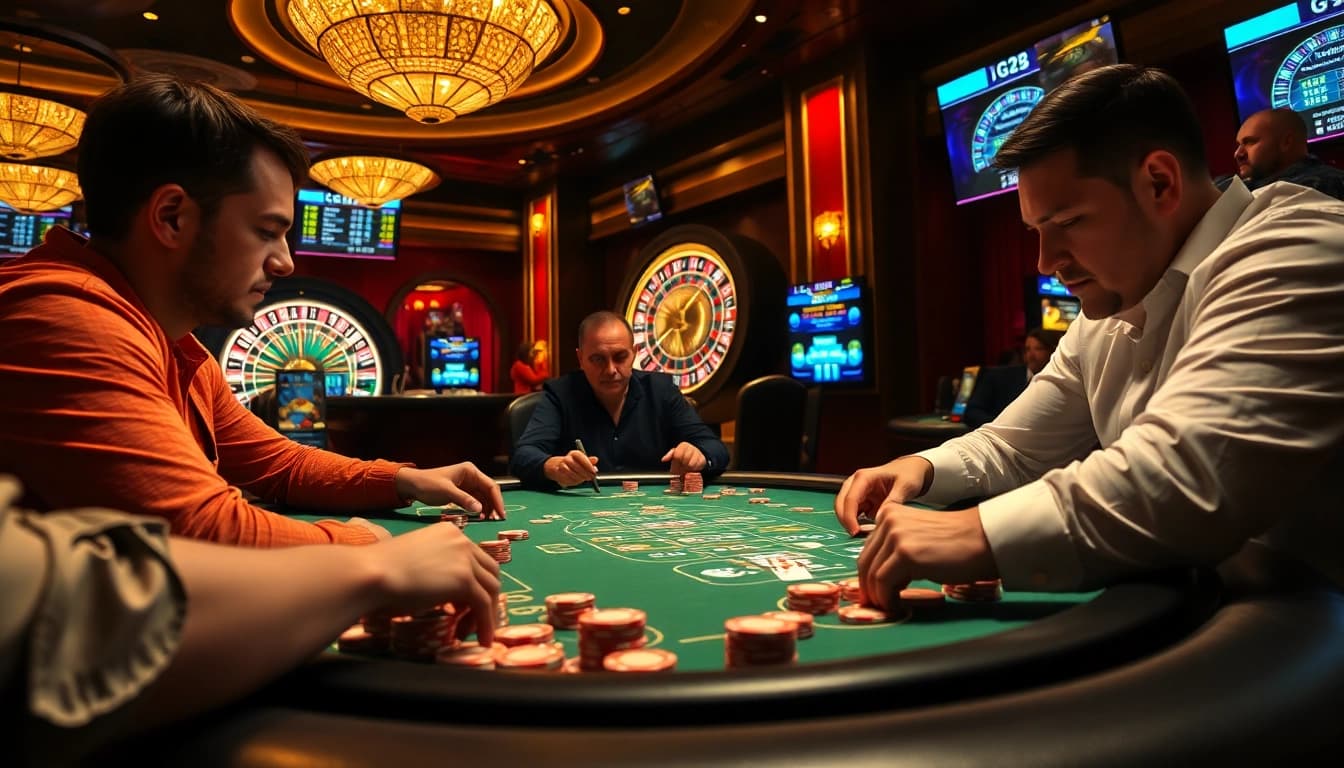 Players engaging in high-stakes poker at G28 casino, showcasing vibrant chips and a roulette wheel.