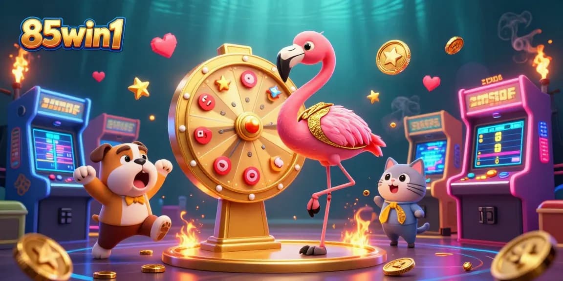 Engage with 85win1 in a vibrant casino scene featuring a game show host, excited contestant and scoreboard assistant.