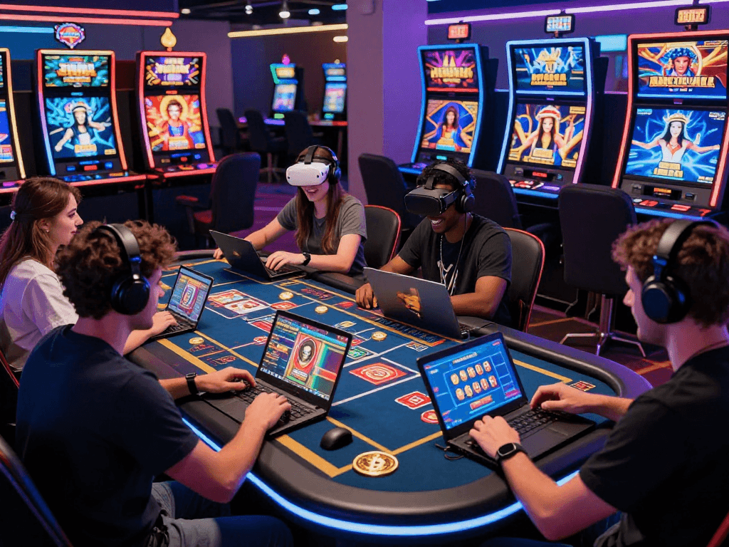Exciting scene at non UK casinos showing players enjoying diverse games and digital interactions.