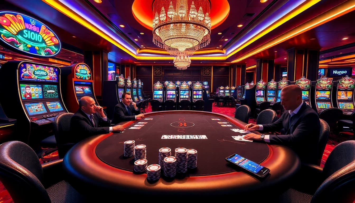 Experience the excitement at NOHU90's stylish casino table with vibrant slot machines.