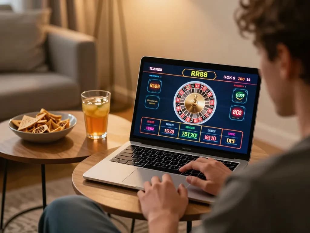 Player engaging with RR88's online casino from home, immersed in live roulette gaming.