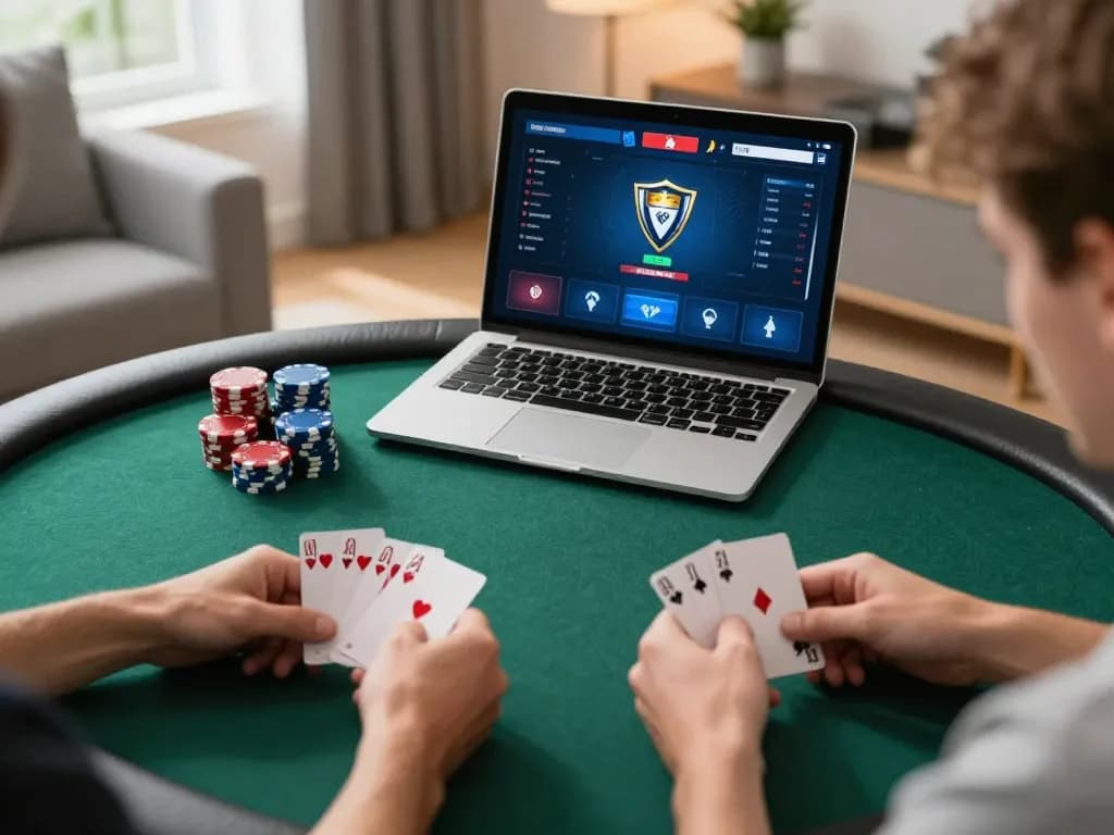 Player analyzing winning hand at hz88 online poker game in cozy home setting.