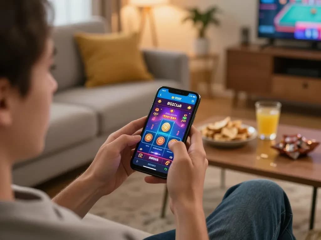 B52club engaging mobile gaming session showcasing online casino excitement in a cozy setting