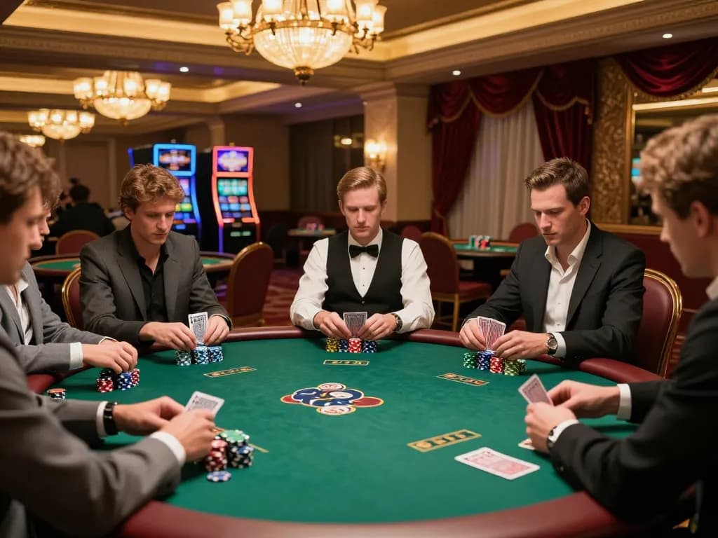 ve88 engaging in a thrilling poker game with intense players and colorful chips in a luxurious casino setting