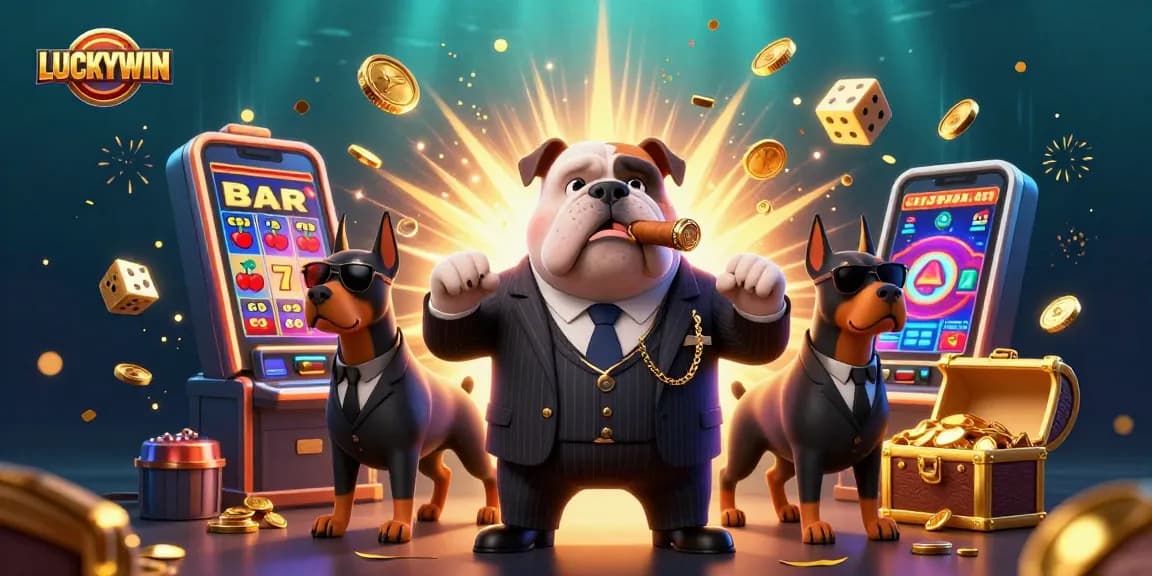 LUCKYWIN showcases thrilling casino excitement with a cartoon mafia boss and golden jackpots.