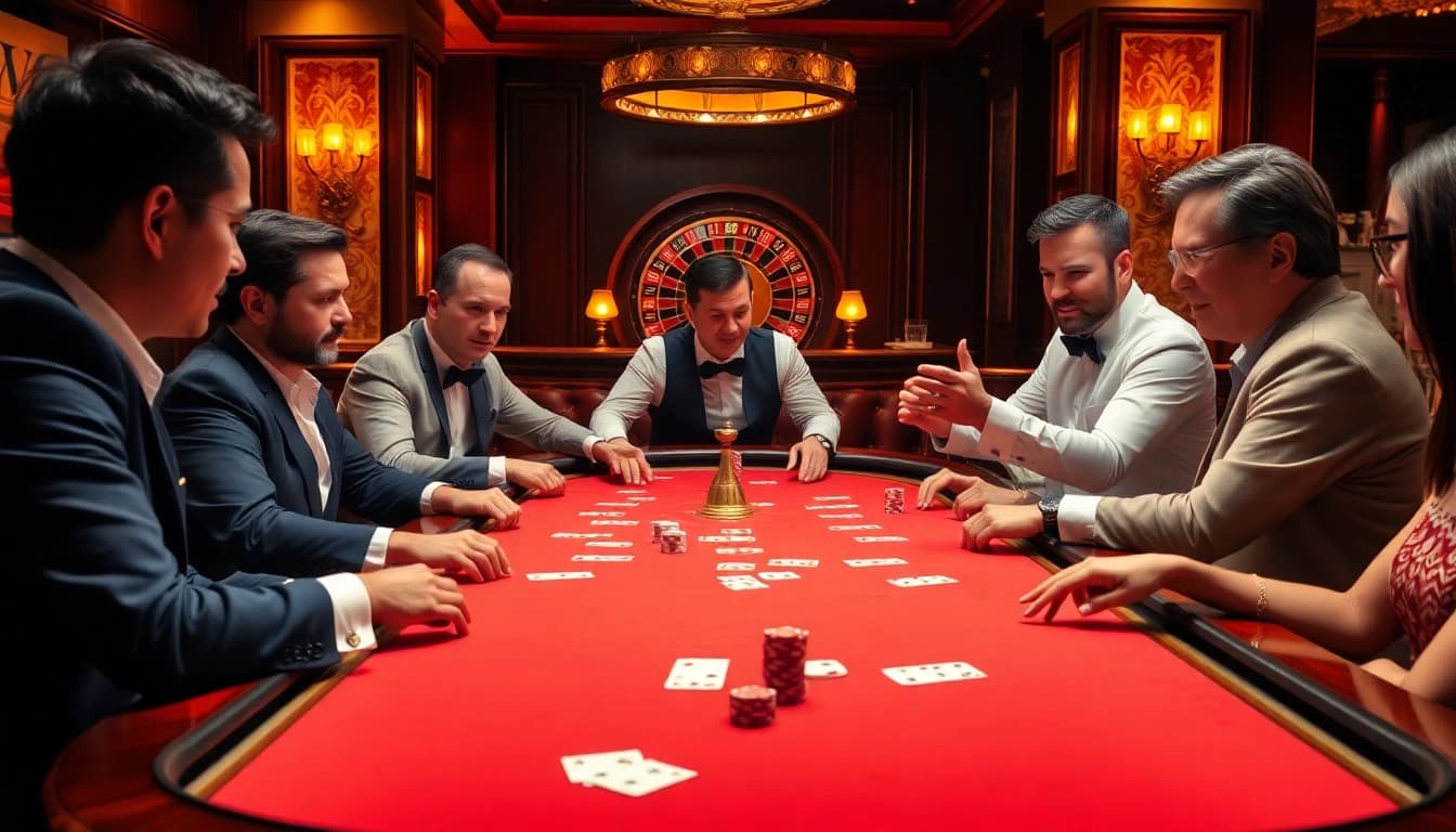 Players strategizing at an LC88 Game table in a luxurious casino setting.