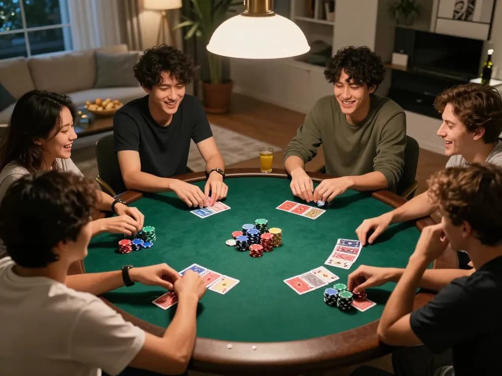 Friends enjoying a lively poker game at home, showcasing strategic play and interaction while having fun with sun win.