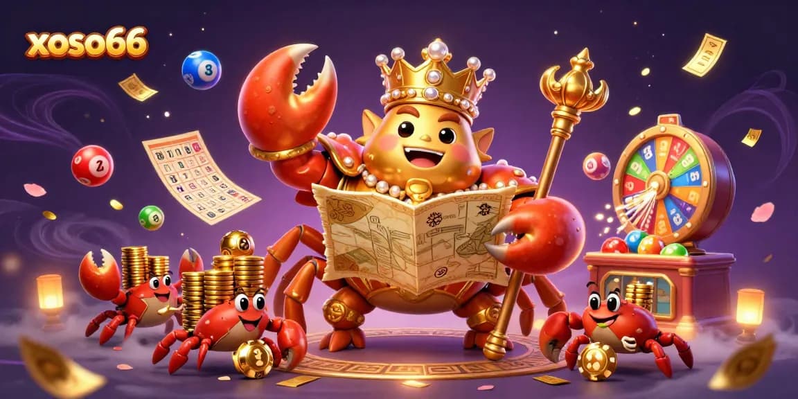 Experience thrilling wins at xoso66 with vibrant lottery balls and an emperor crab in a dynamic casino scene.