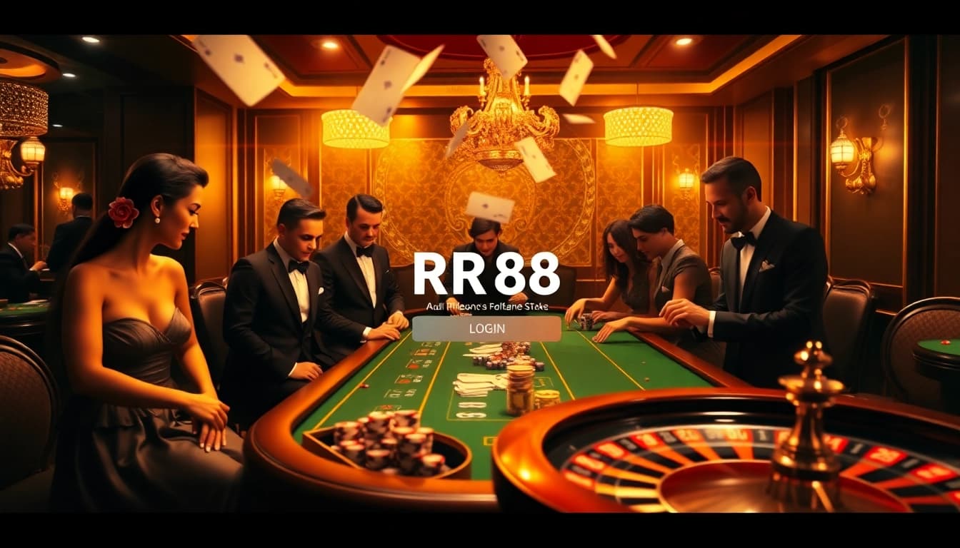 Login to RR88 with excitement at a professional poker table in a luxurious casino.