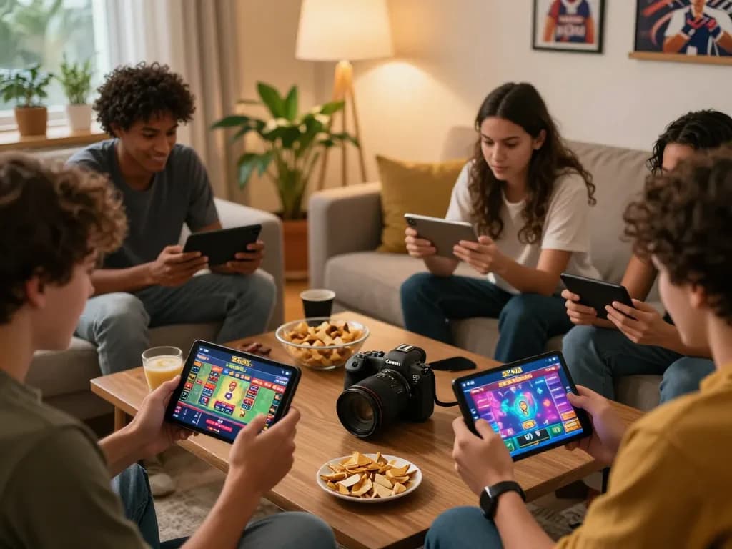 Friends playing SC88 VIP games on mobile devices in a cozy living room.