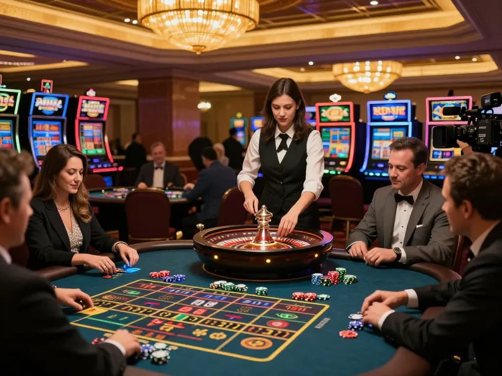 Players at nhà cái kkwin strategizing bets at a roulette table in a vibrant casino atmosphere