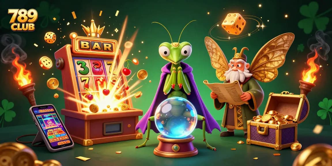 Immerse in the thrilling world of 789 CLUB with a vibrant 3D casino illustration showcasing jackpot excitement and magical characters.