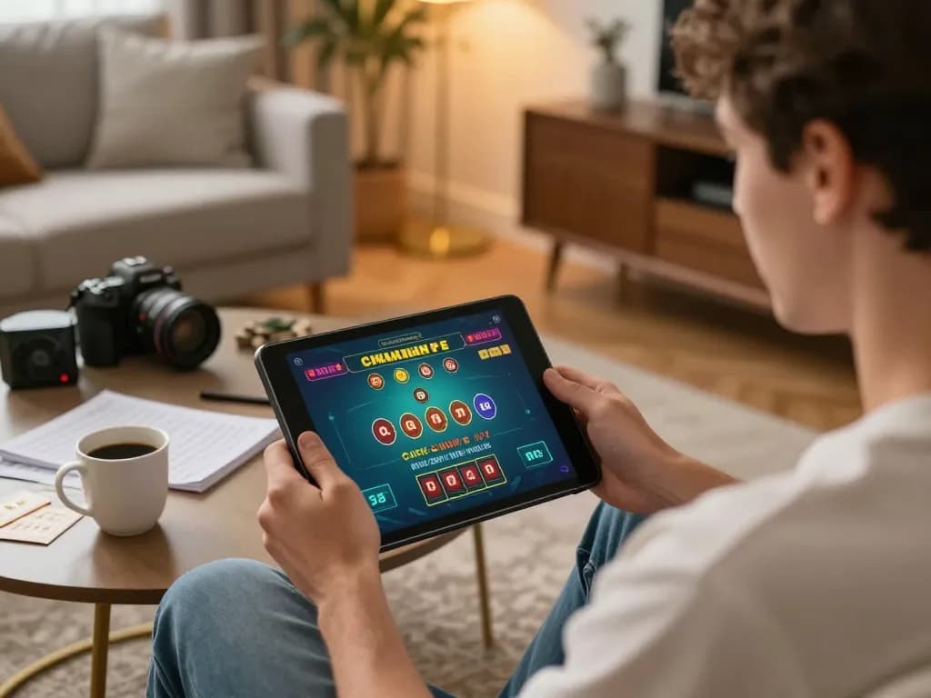 Engaged player enjoying iwin online casino game on tablet in a cozy living room setting