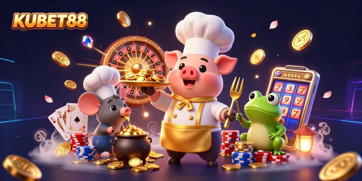 KUBET88 offers thrilling slots and games, highlighting a chef pig with gold coins and lively casino elements.