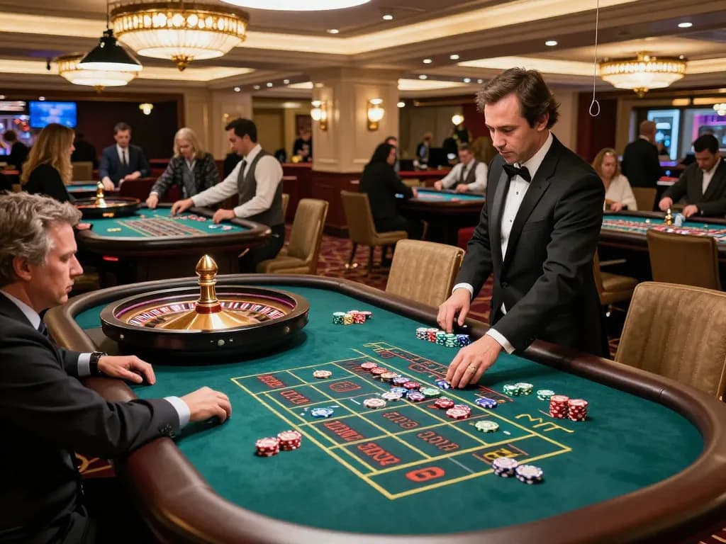 Engaging roulette gameplay scene at https://7m.us.com/ showcasing players placing bets and a dealer spinning the wheel.