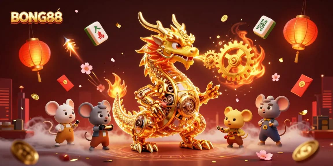Experience BONG88's thrilling gaming with a golden dragon and rich casino elements in this vibrant illustration.