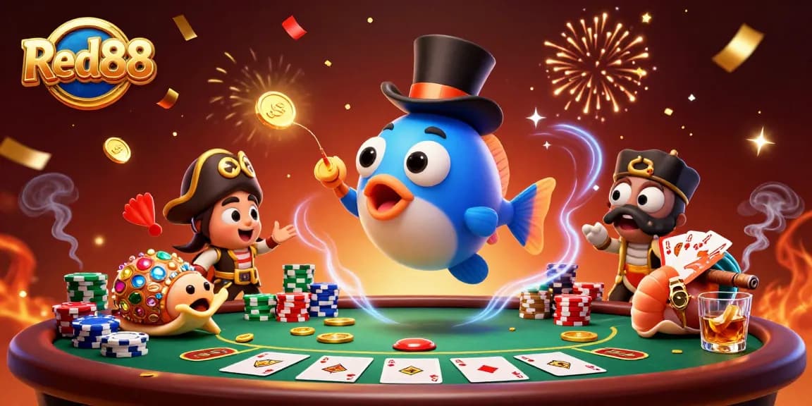 Red88 anglerfish lures golden coins in a vibrant casino scene with poker elements.