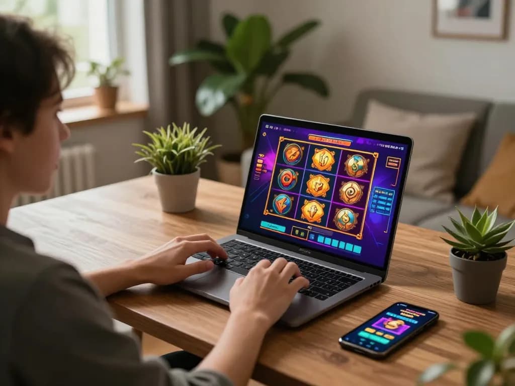 Player enjoying SHBET slot games on a laptop in a cozy home office.
