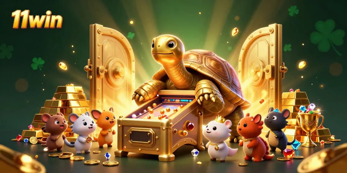 Experience the thrill of winning with 11win’s exciting golden tortoise casino scene filled with treasures.