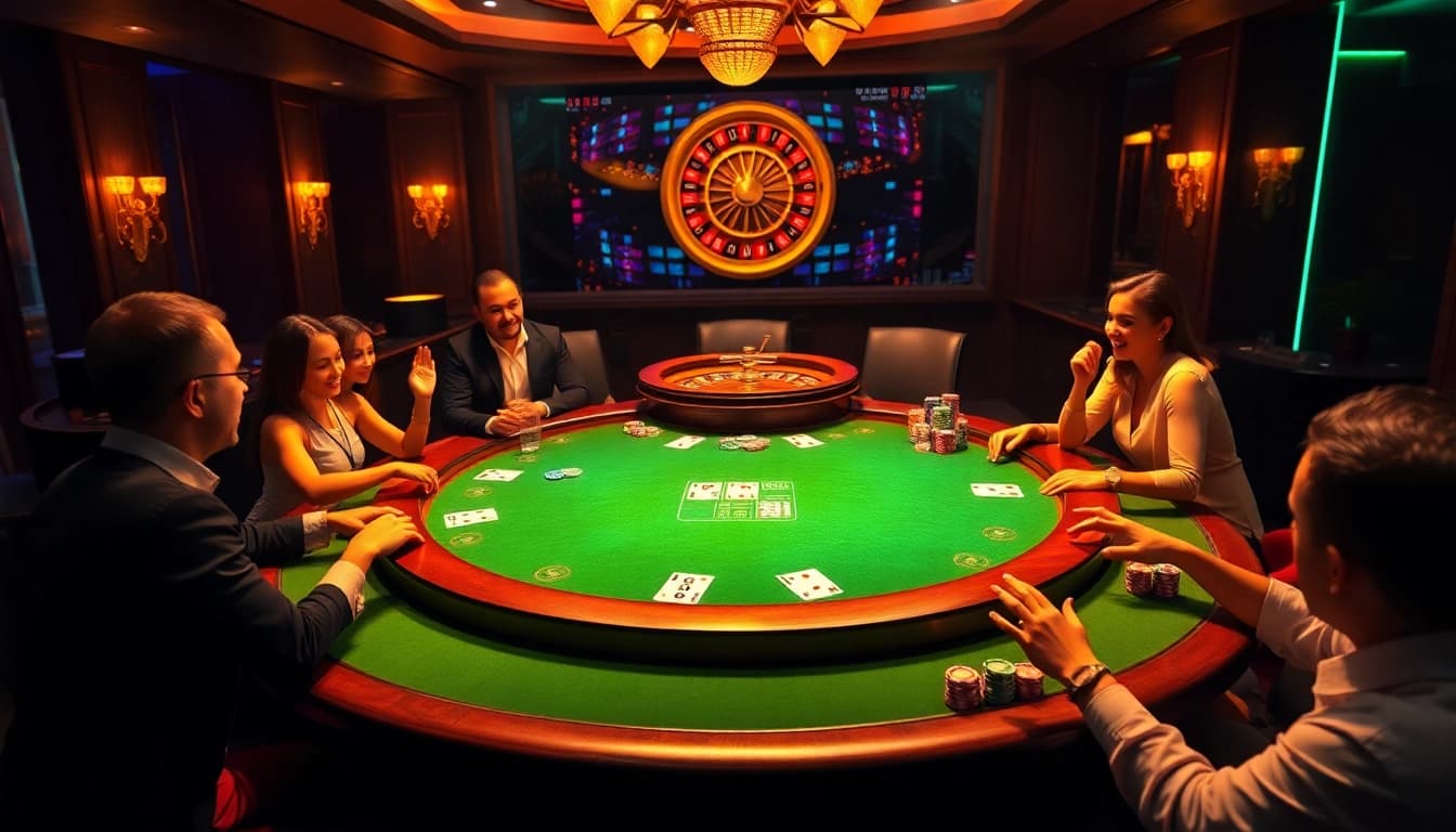 Players enjoying a thrilling poker game at QQ88 Social's luxurious casino table.