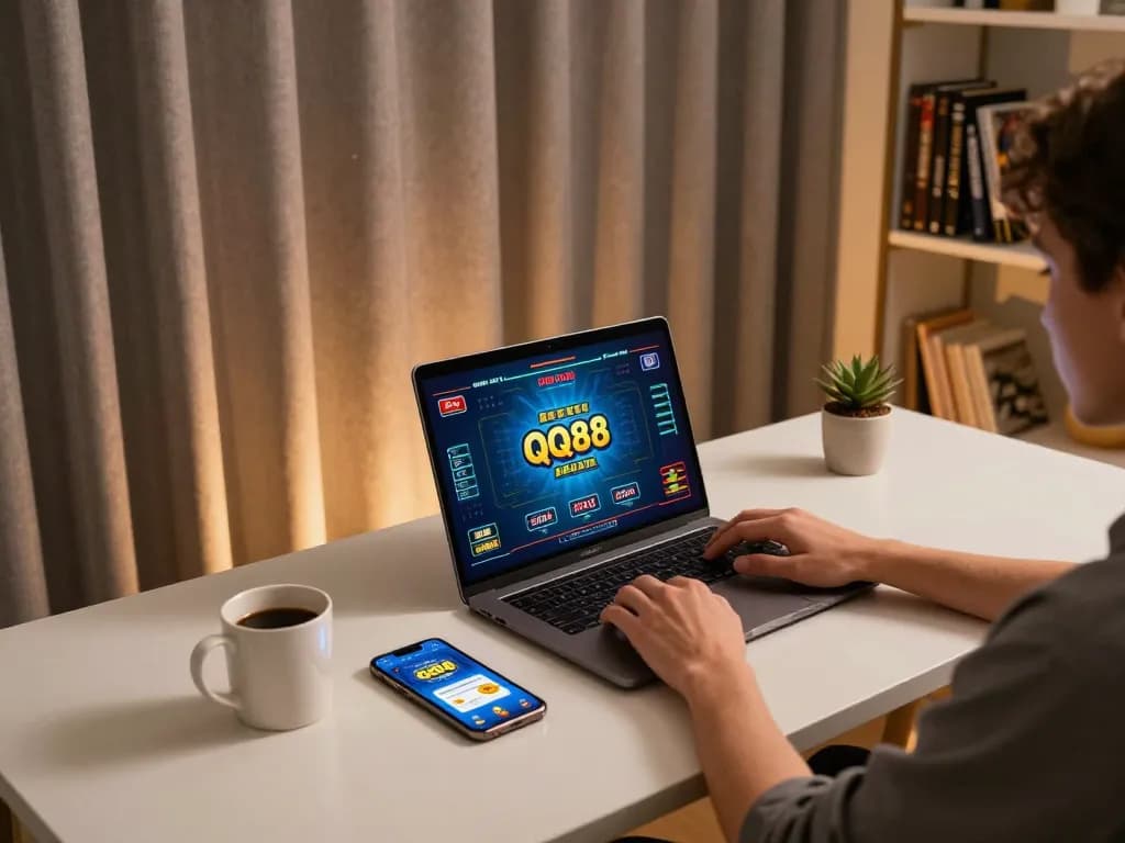 Person playing QQ88 online casino game at home, showcasing engaging gaming experience.