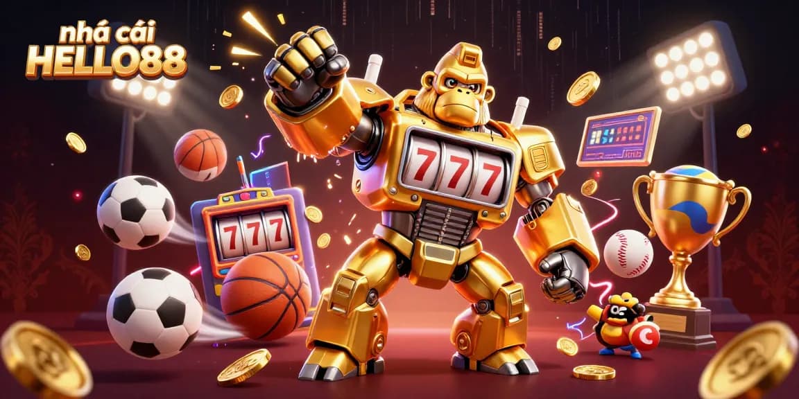 Experience thrilling gaming at nhà cái HELLO88 with a vibrant casino scene featuring an incredible golden gorilla mech.