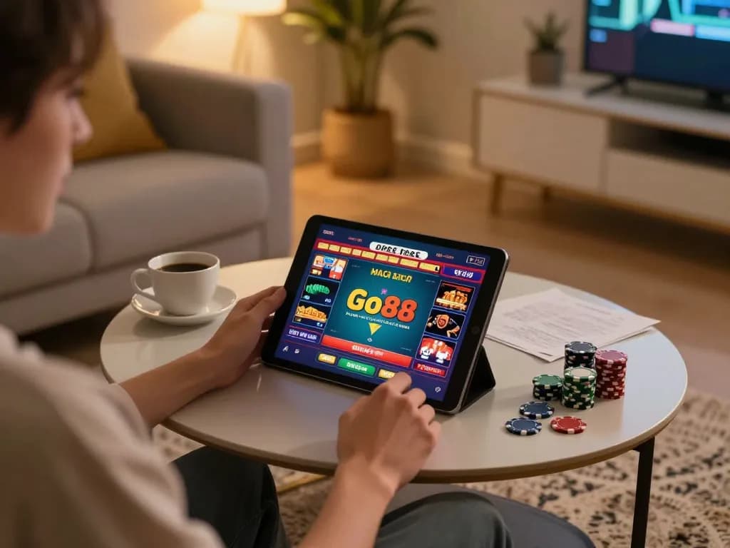 Player enjoying Go88 gameplay on a tablet in a cozy home setup with poker chips scattered around.