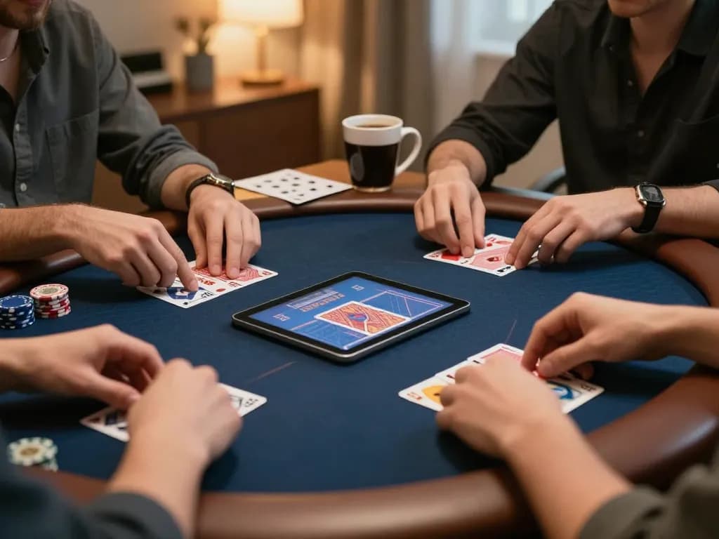 Players strategizing during a virtual poker game on 23winn platform, showcasing mobile-friendly interface.
