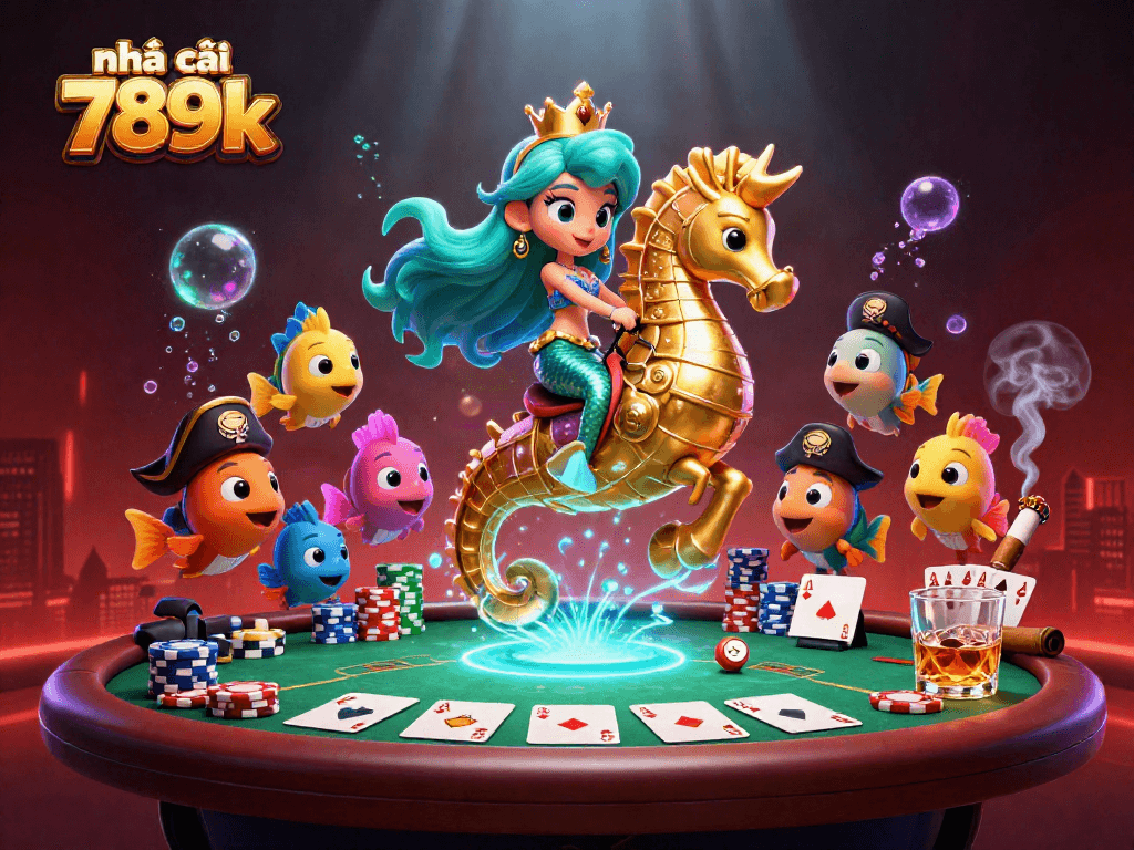 nhà cái 789k showcases immersive underwater gaming scene with vibrant characters and poker elements.