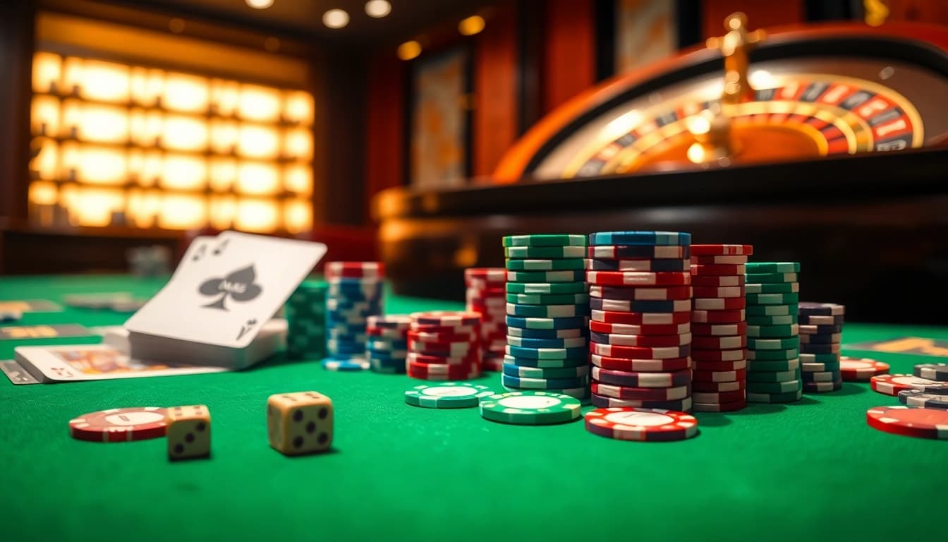 Engaging scene of MK8 casino action with cards, poker chips, and dice on an elegant table.