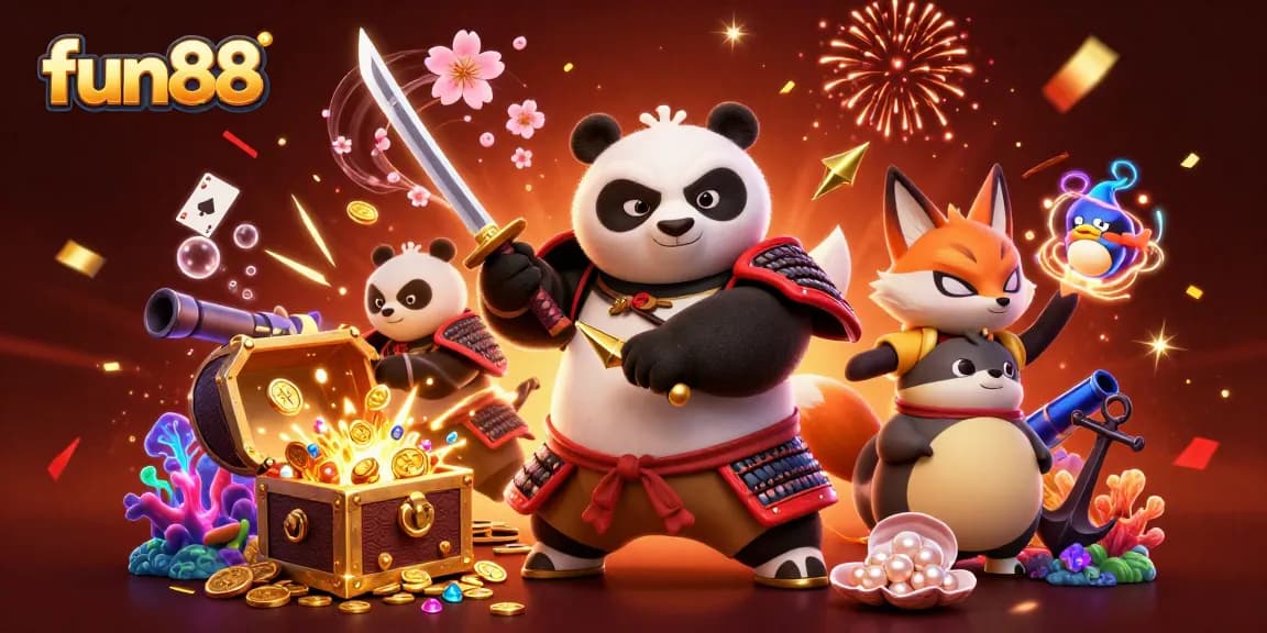 Experience fun88's thrilling gaming world with samurai panda and ninja fox in an explosive scene.