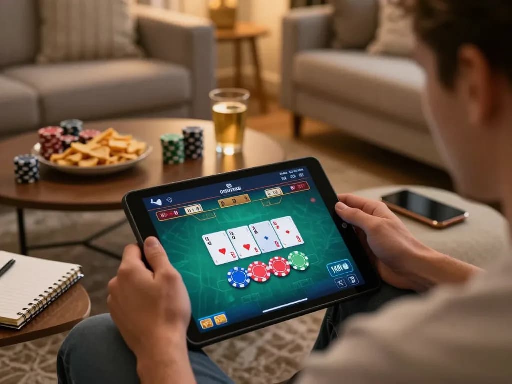 Player engaging in an exciting poker game on SIN88 online platform, enjoying a cozy home atmosphere.