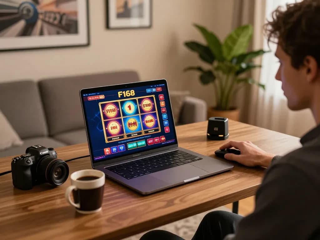 Win big at F168 online casino while enjoying a vibrant gaming setup with slots displayed.