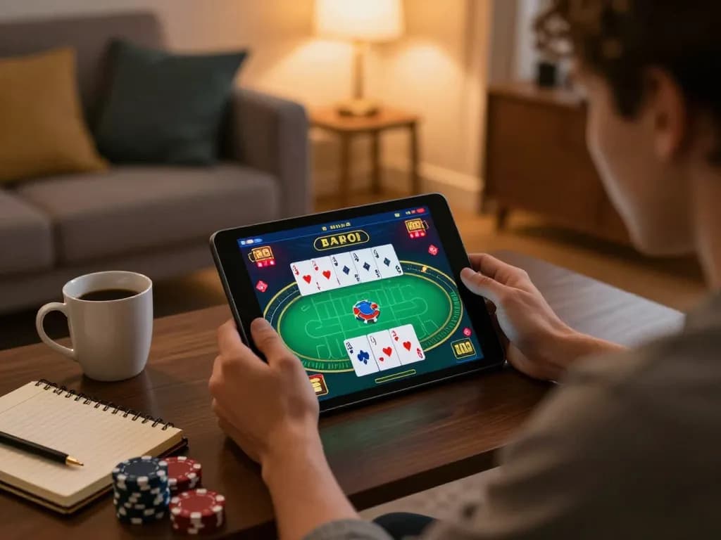 Person enjoying poker online at home using mu88 com on a tablet, showcasing a cozy gaming ambiance.