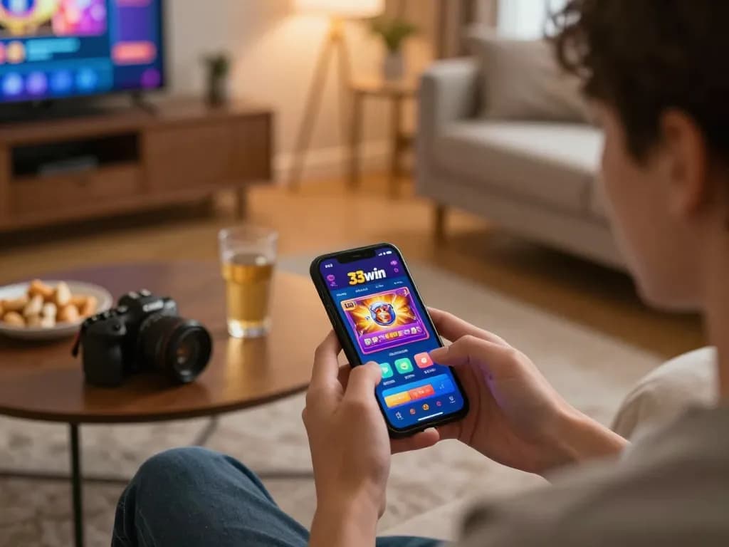 Player enjoying 33win mobile gaming app in a cozy home setting.
