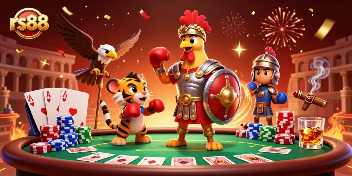 Experience action-packed betting thrills with rs88 at a vibrant casino scene featuring a rooster gladiator.